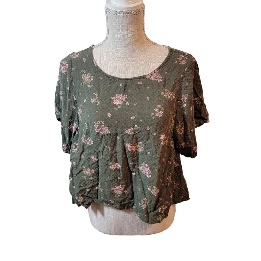 Lucky Brand Olive Green Winged Honeycomb Floral Print Blouse Size Medium